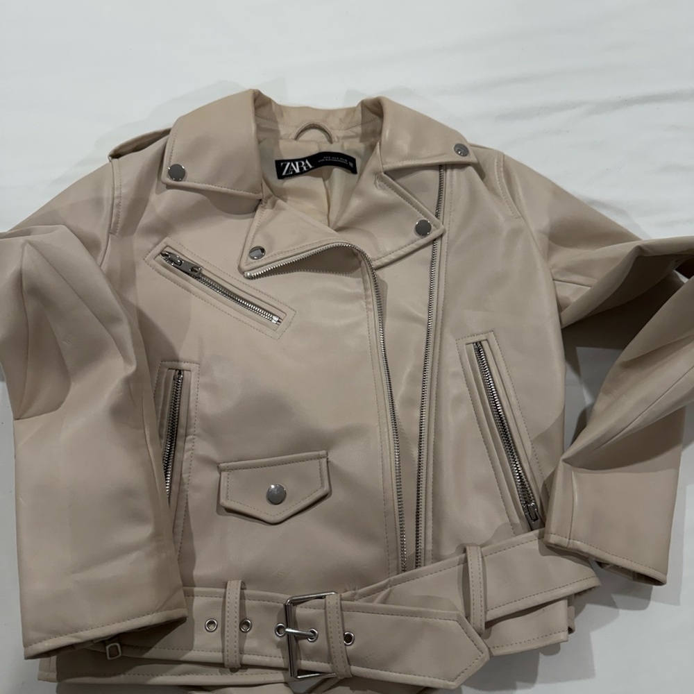 Zara Women's Beige Faux Leather Biker Jacket